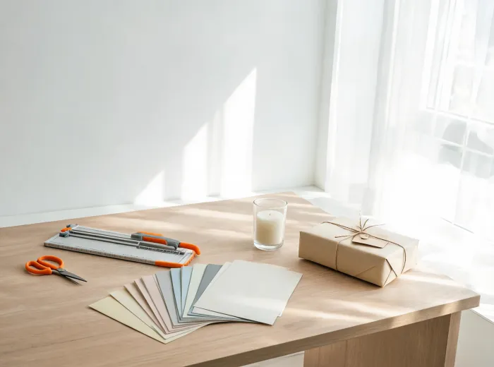 Fiskars studio table with tools and gift packaging