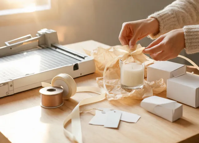 Workshop table with people preparing craft gifts